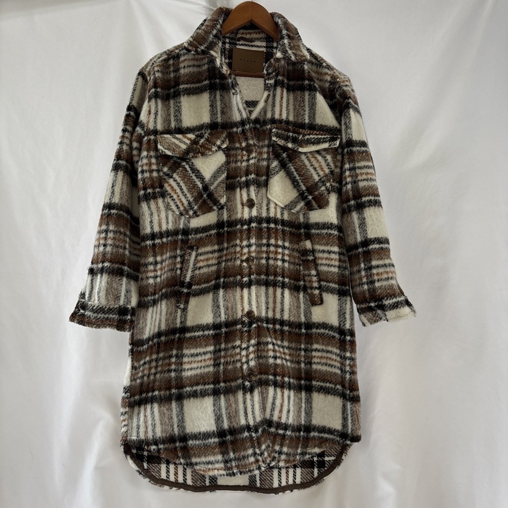 Blank NYC Womens Small Plaid Shacket Jacket Fuzzy Button Down Brown‎ White